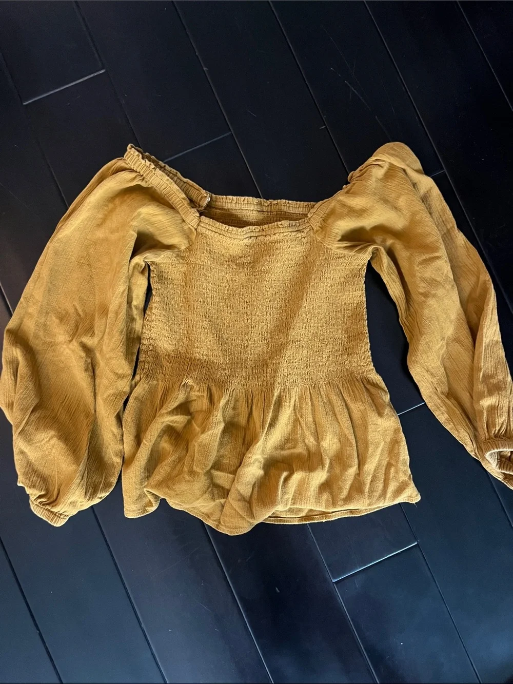 Madewell Mustard Yellow Smocked Off-Shoulder Peplum Top
